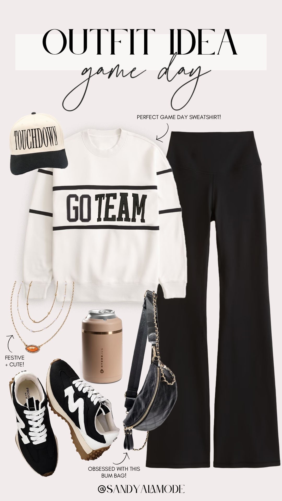 Game day outfit. Casual cute game day style. Go team sweatshirt. Touchdown baseball cap. Designer style bum bag crossbody. Hydrojug fall collection. Amazon fashion. Amazon designer style sneakers. Wide leg yoga pants. Neutral game day outfit  

#LTKStyleTip #LTKFindsUnder100 #LTKSeasonal