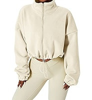 QINSEN Women's Full Zip Fleece Short Jacket Warm Winter Long Sleeve Stand Collar Sherpa Crop Coat | Amazon (US)
