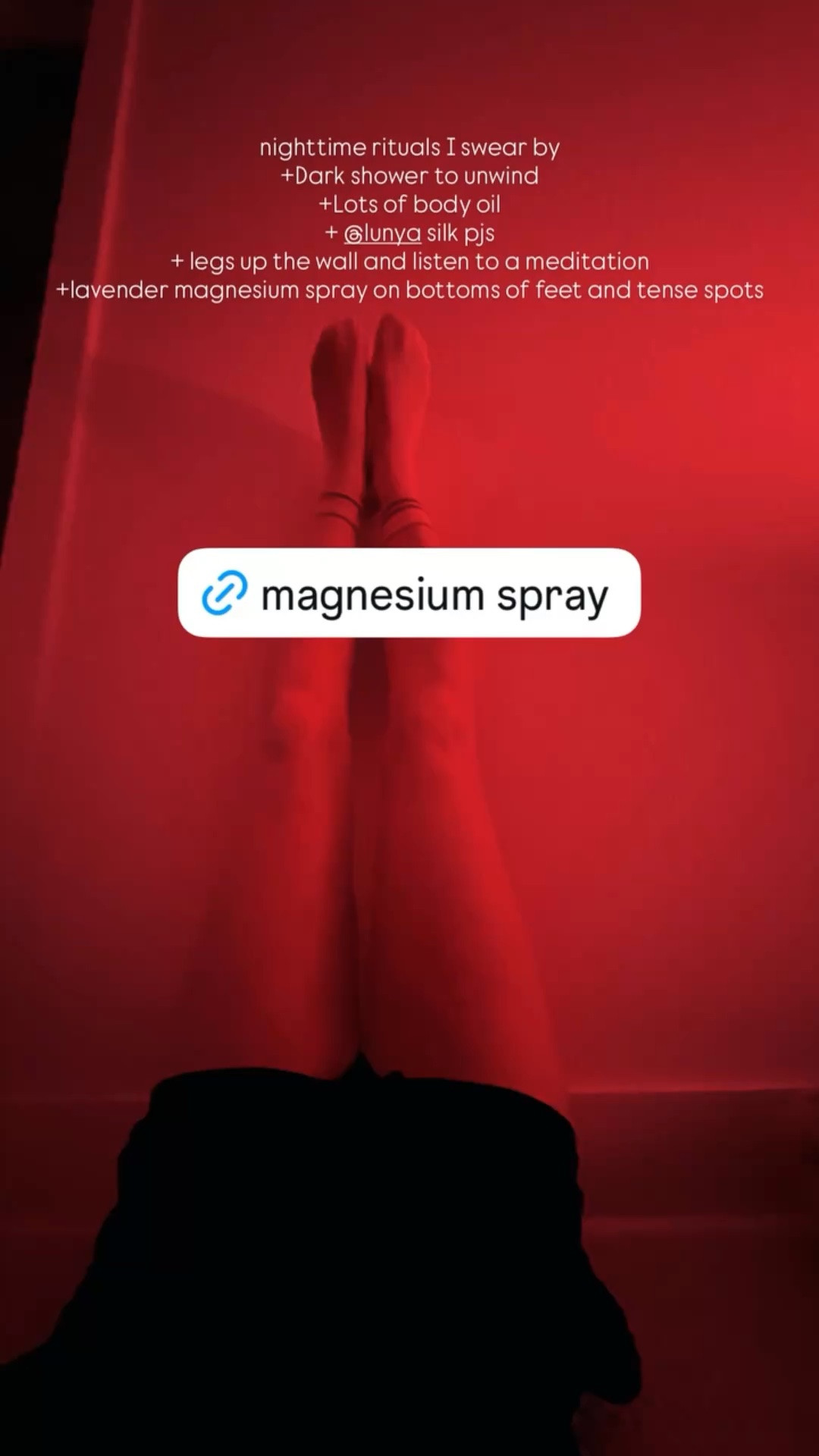 nighttime rituals I swear by 
+Dark shower to unwind 
+Lots of body oil
+ @lunya silk pjs
+ legs up the wall and listen to a meditation 
+lavender magnesium spray on bottoms of feet and tense spots

#LTKdayinmylife #LTKselfcare #LTKBeauty