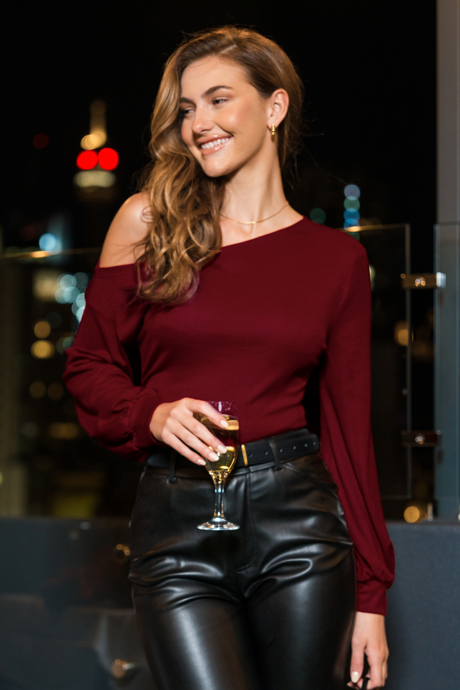 Burgundy Asymmetrical Off-Shoulder Long Sleeve Top | Cupshe US