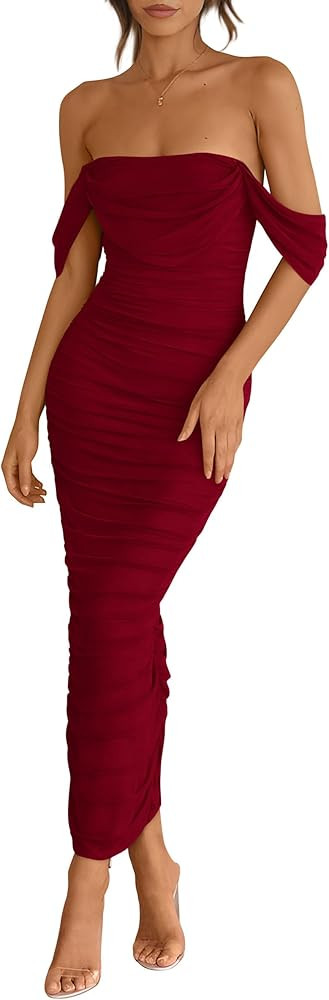 PRETTYGARDEN Womens 2025 Summer Off The Shoulder Dress Ruched Bodycon Sleeveless Split Cocktail P... | Amazon (US)