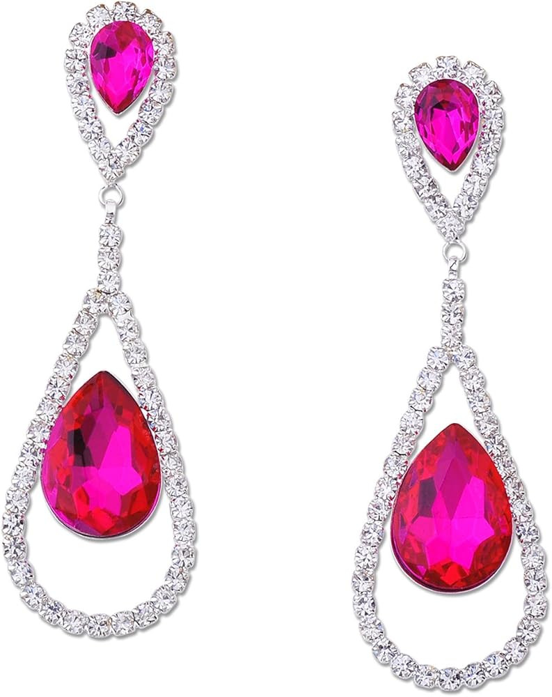 Topwholesalejewel Wedding Earrings Silver Plated Fuchsia Rhinestone Women Stud Dangle Earrings | Amazon (US)