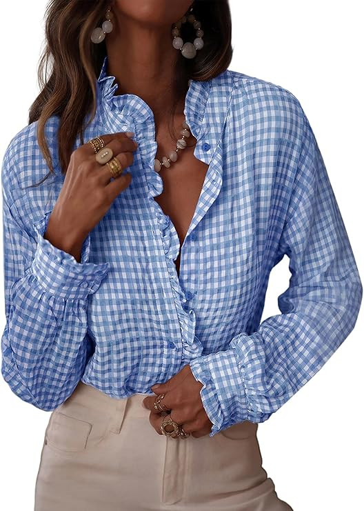 Astylish Womens Plaid Ruffle V Neck Button Down Blouse Casual Long Sleeve Gingham Trendy Tops Wor... | Amazon (US)