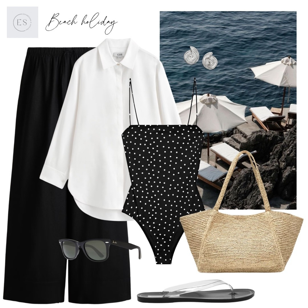 Beach holiday outfit. 

Black and white polka dot swimsuit, white linen longline shirt, black wide leg linen blend trousers, silver swirl earrings, raffia tote bag, clear and black jelly flip flops, black wayfarer sunglasses. 

#LTKuk #LTKstyletip #LTKswimwear