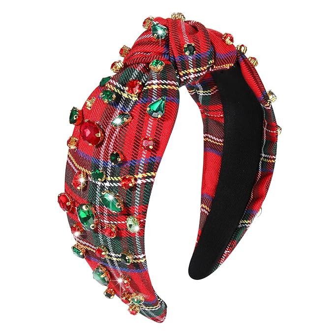 boderier Christmas Headbands for Women Red Plaid Headband Jeweled Crystal Wide Knotted Headband X... | Amazon (US)