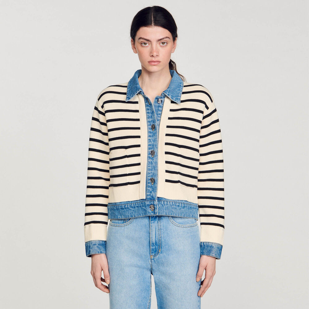 Stripy knit and denim coatigan | Sandro US | Sandro-Paris US