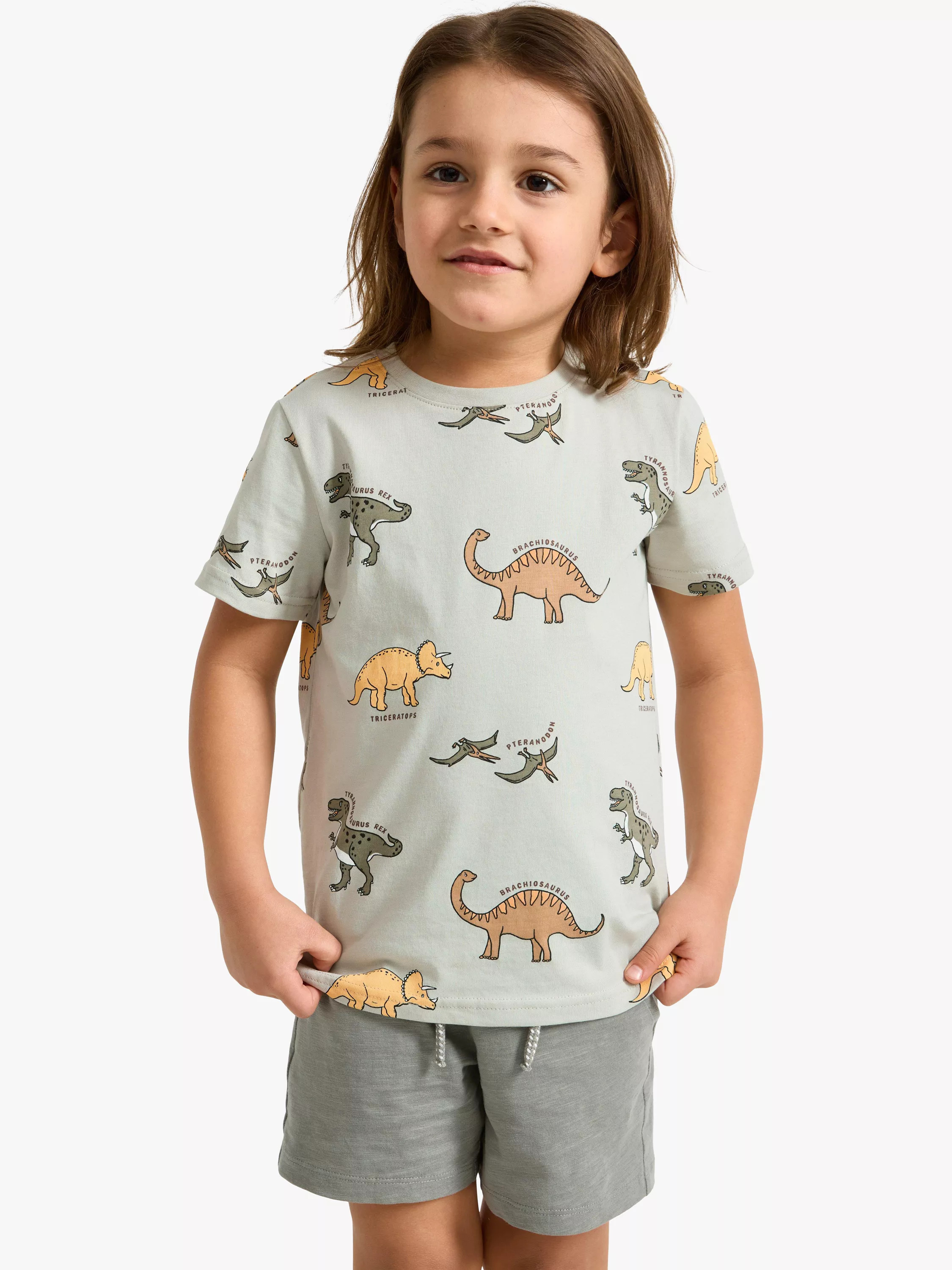 Lindex Kids' Short Sleeve Dinosaur Print T-Shirt, Light Dusty Green | John Lewis (UK)