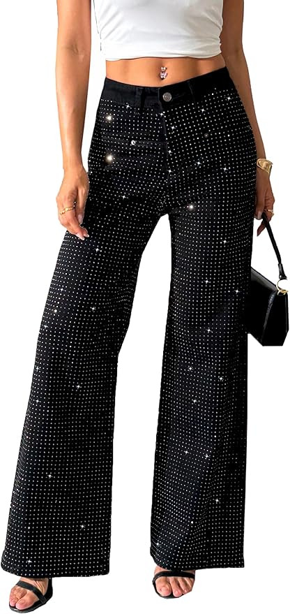 heipeiwa Women's Rhinestone Jeans Wide Leg Flare Denim Pants High Waist Sparkle Shiny Sequin Glit... | Amazon (US)