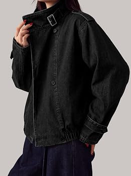 Womens Jean Denim Jacket Oversized Funnel Neck Button Up Casual Coat | Amazon (US)