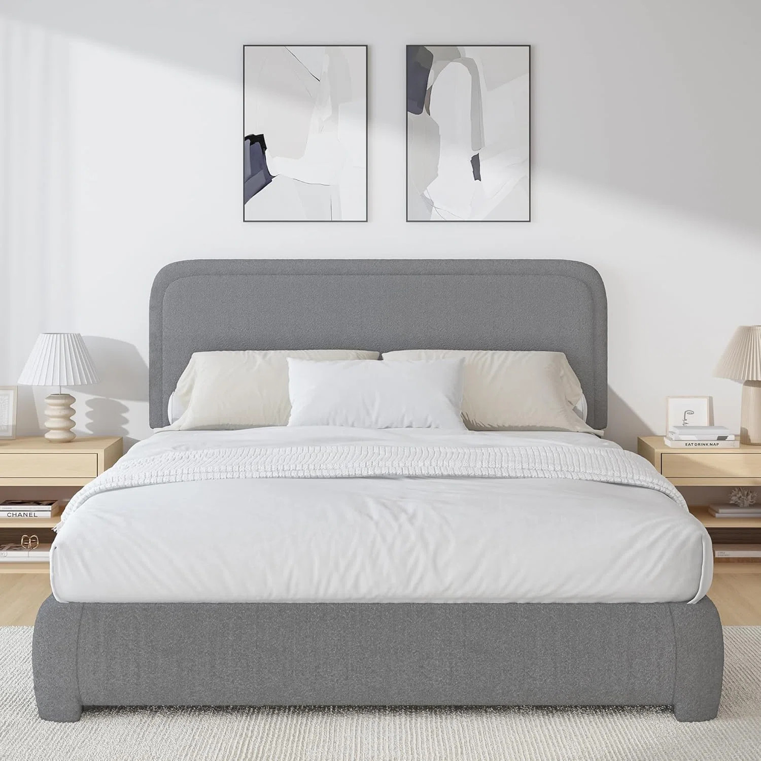 Boucle Upholstered Bed Frame  Soft Rounded Corners Headboard Low Profile Bed Frame No Box Spring ... | Wayfair North America
