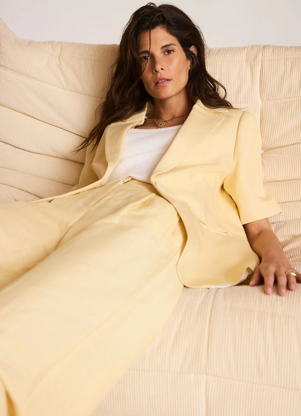 Yellow Linen Blend Short Sleeve Blazer | Mint Velvet