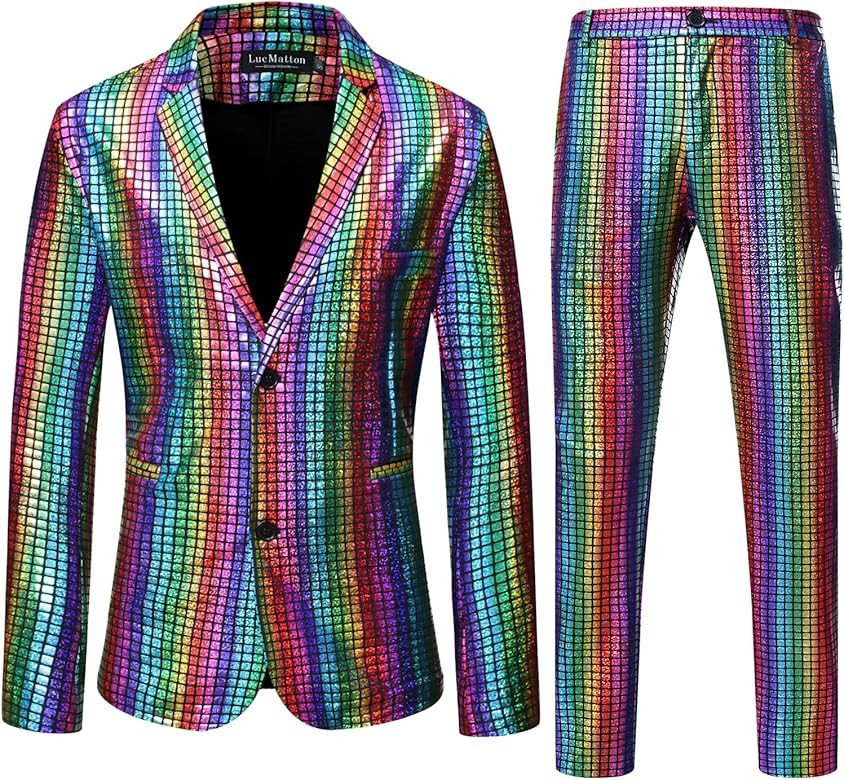 LucMatton Men's 2 Piece Disco Sets Shiny Jacket and Pants Metallic Sequin Suits | Amazon (US)