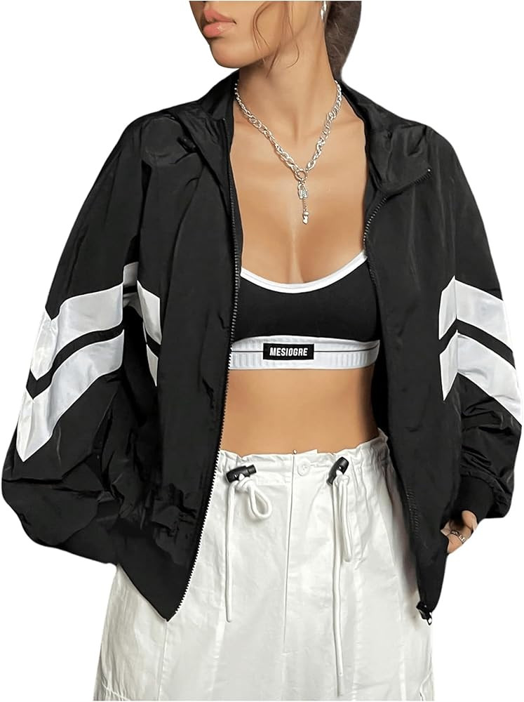 Verdusa Women's Color Block Zip Up Hooded Jacket Outerwear Loose Windbreaker Jackets | Amazon (US)