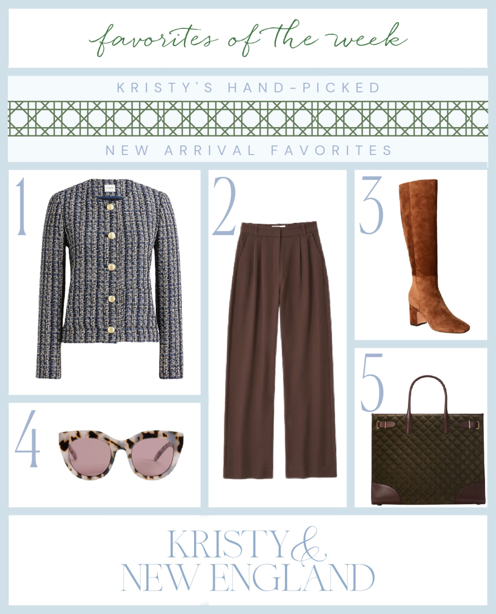 This week’s finds: blue tweed lady jacket, light tortoise sunglasses, brown pleated wide leg pants, chocolate brown suede knee high boots, quilted tote 

#LTKSeasonal #LTKshoecrush #LTKitbag