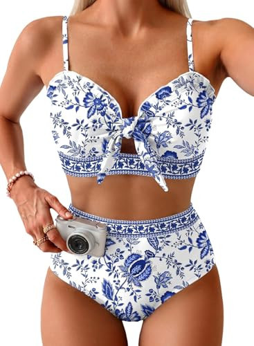 Herseas Women's Two Piece Cute Bikini Sets Knotted Front Push Up Cutout Top Swimsuits Sweetheart Neck Ruffle Trim Long Torso Bathing Suits Teens Girls Swimwear Vintage Floral Print Large | Amazon (US)