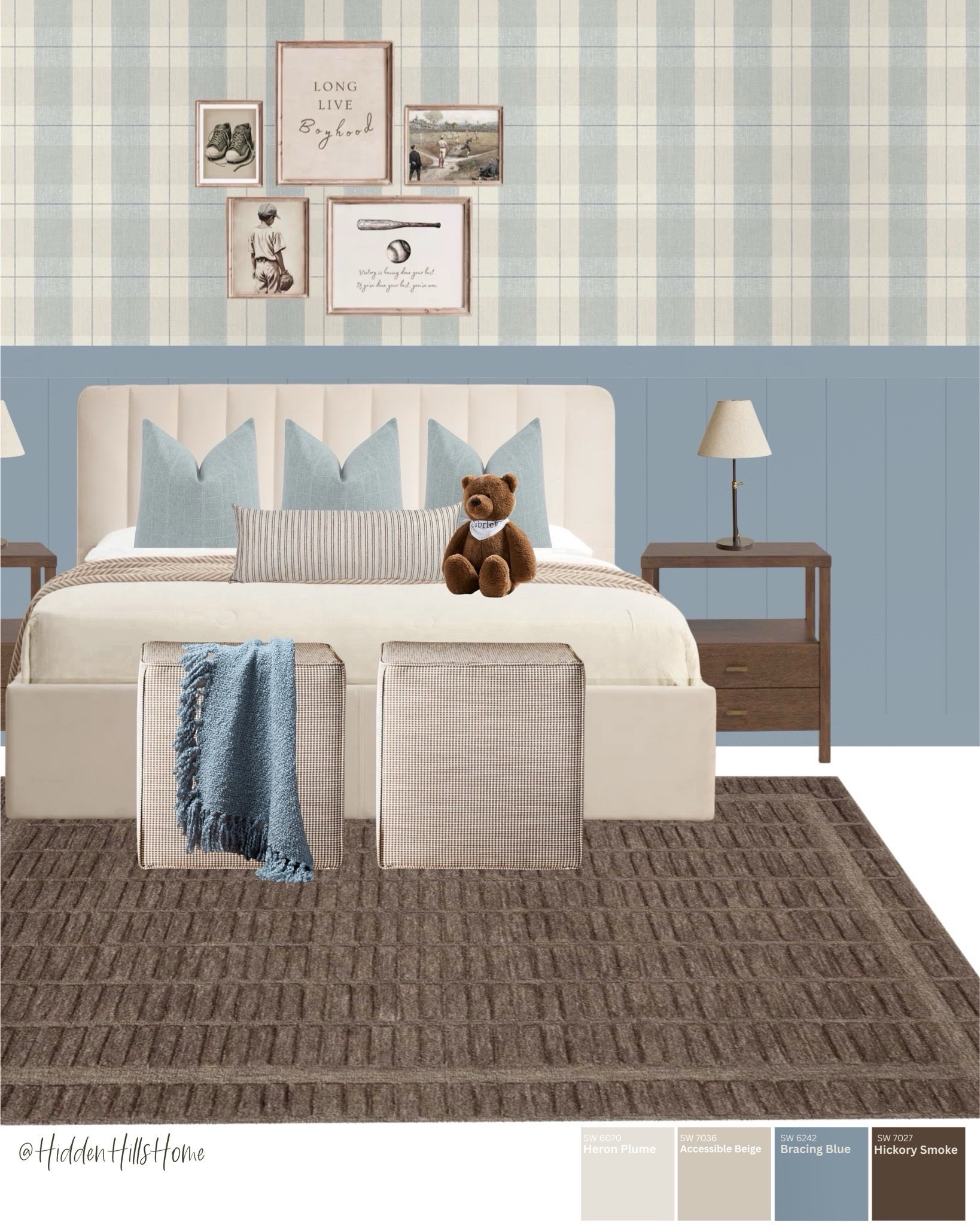 Boys bedroom decor mood board, kids bedroom design, nightstands, boys room inspiration, home decor, kids room #boysroom
Wall color is SW Bracing blue 

#LTKKids #LTKHome #LTKSaleAlert