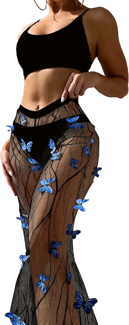 MakeMeChic Women's 3 Piece Swimsuit Full Coverage Bikini Set with Butterfly Cover Up Pants | Amazon (US)