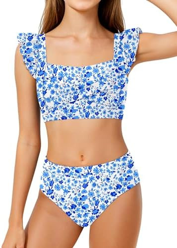 Girls Swimsuit 2 Piece RuffleTrim Square Neck Ruched Bikini Adjustable Straps Criss Cross Bathing... | Amazon (US)
