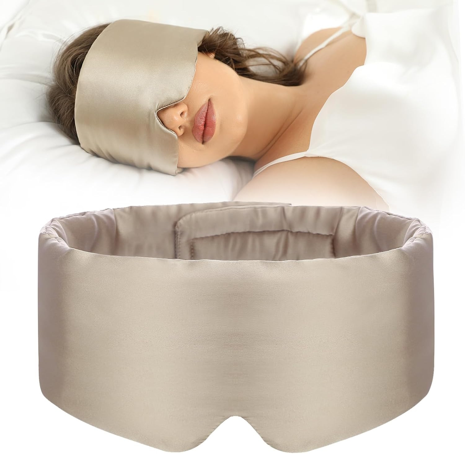 100% Mulberry Silk Sleep Mask Eye Mask for Women Man with Adjustable Band, for Side Sleeper Blackout Sleep Mask for Travel Rest and Office Large Size (Taupe) | Amazon (US)