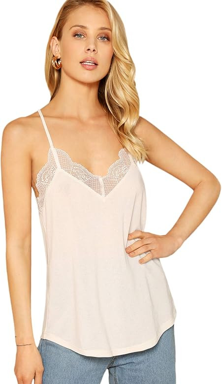 Women's V Neck Sleeveless Lace Trim Spaghetti Strap Camisole Cami Tank Top | Amazon (US)