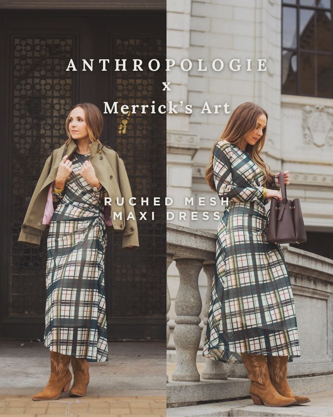 @Anthropologie x Merricks Art 
Ruched Mesh Maxi Dress 
Reg, Tall and Petite sizing
True to Size (wearing a small)