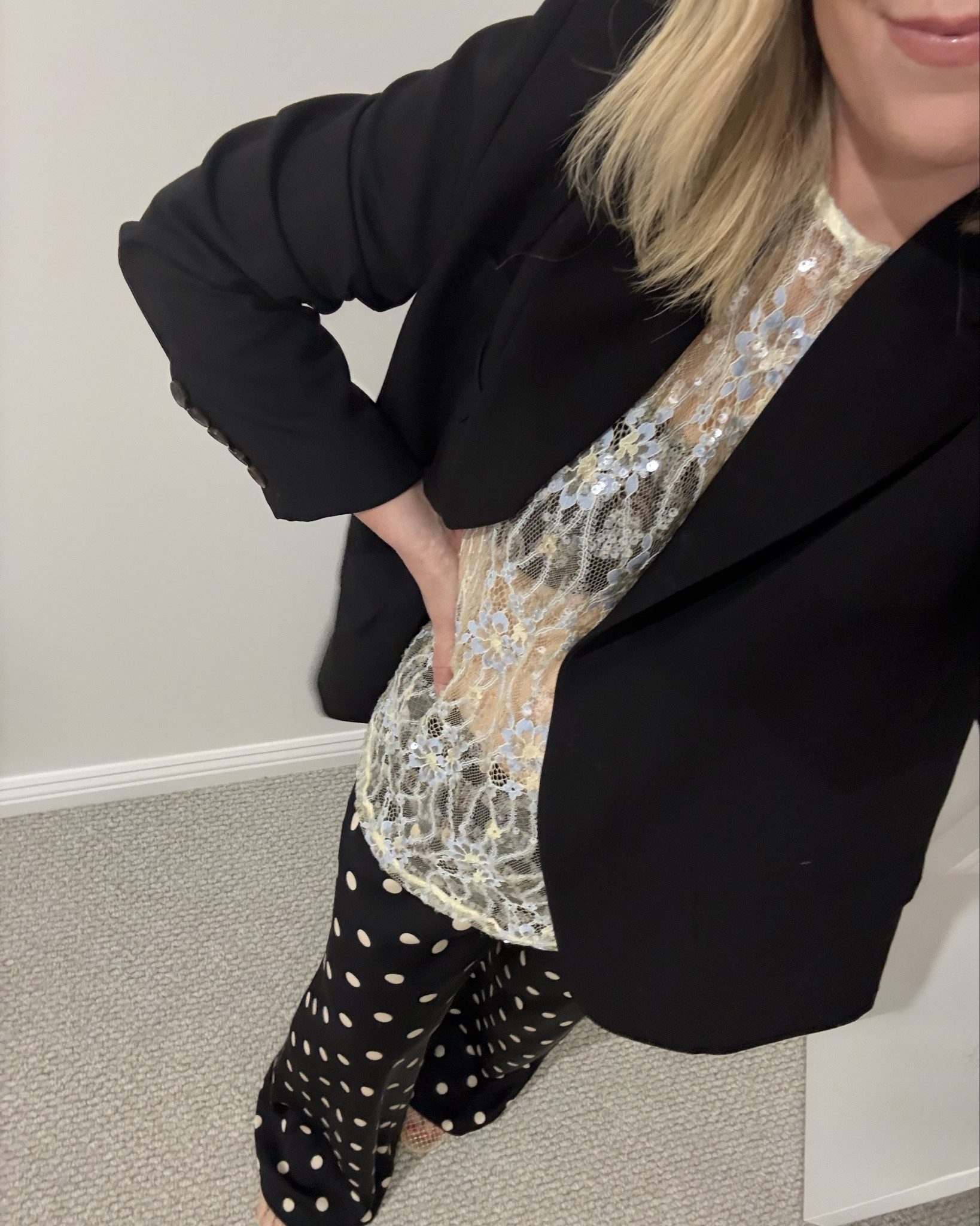 Date night: polka dot bias cut pants, black blazer and a fun top 🖤 

#LTKaustralia #LTKdatenight