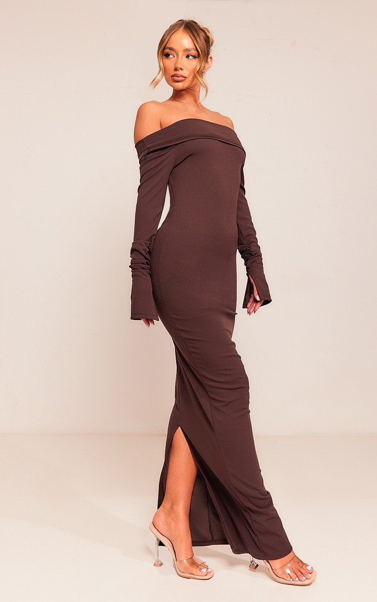 Chocolate Crepe Long Sleeve Bardot Maxi Dress | PrettyLittleThing US