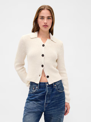 100% Cotton Collared Crop Cardigan Sweater | Gap (US)