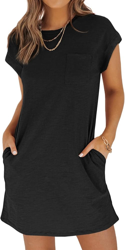 Wenrine Women's Summer T Shirt Dress Casual Short Sleeve Crewneck Loose Fit Mini Dresses with Poc... | Amazon (US)