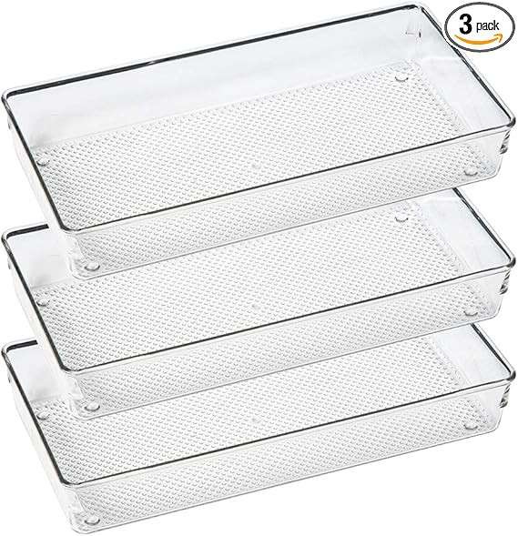 3 Pack Clear Plastic Drawer Organizer Tray Cutlery Utensil Makeups Drawer Organizers 12" X 6" | Amazon (US)