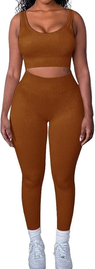 OLCHEE Women’s Sexy 2 Piece Workout Sets - Seamless Ribbed Legging Shorts and Sports Bra Yoga A... | Amazon (US)