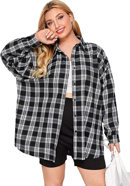 SheIn Women's Plus Drop Shoulder Curved Hem Overshirt Button Down Plaid Shirt Blouse Tops | Amazon (US)