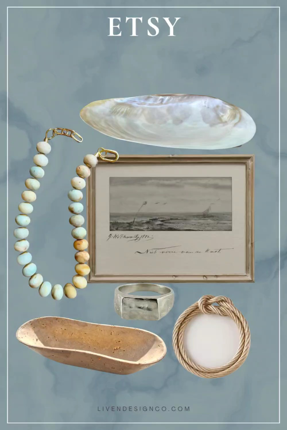 Etsy finds. Home decor. Travertine bowl. Centerpiece bowl. Shell bowl. Bead necklace. Vintage coastal seascape sketch art print. Wall art. Braided picture frames 

#LTKSeasonal #LTKHome #LTKSaleAlert