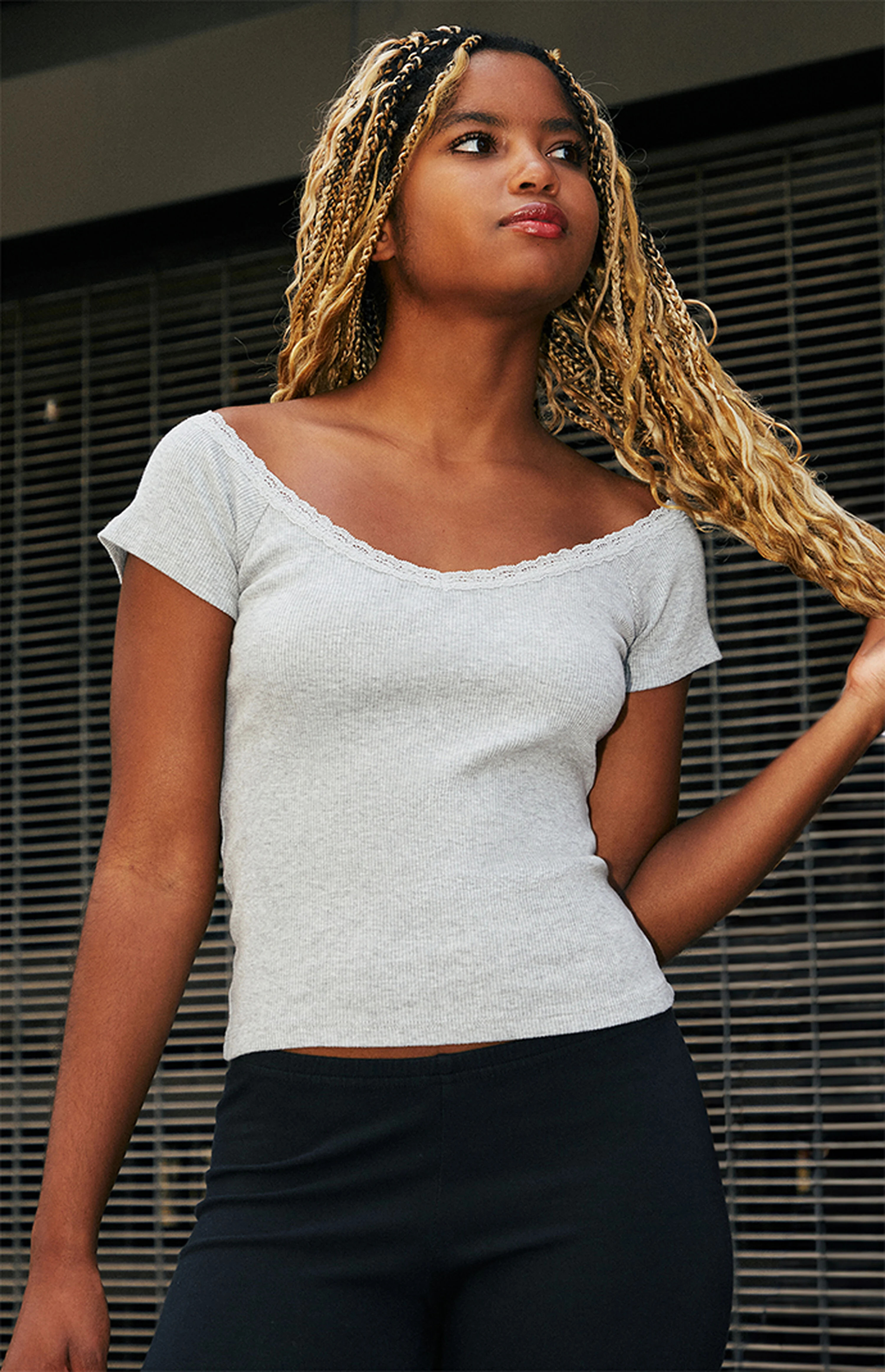 John Galt Gray Lace Ada Ribbed Top | PacSun