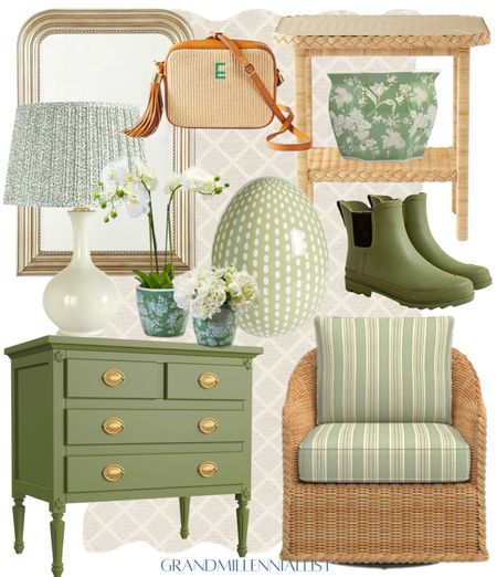 Spring home decor garden green home French Louis chest/dresser garden boots lamp with spotted shade gold mirror woven cane monogram handbag shoulder bag green planter Easter spring decor 

#LTKstyletip #LTKSeasonal #LTKhome