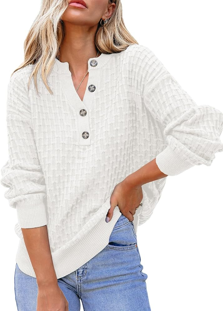 Dokotoo Womens Sweaters 2025 Casual Long Sleeve Henley Shirts V Neck Textured Button Fall Sweater... | Amazon (US)