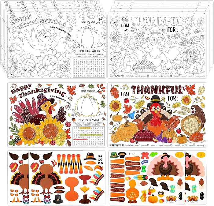 R HORSE 16Pcs Thanksgiving Coloring Placemats with Turkey Stickers Coloring Paper Table Mats, Tha... | Amazon (US)