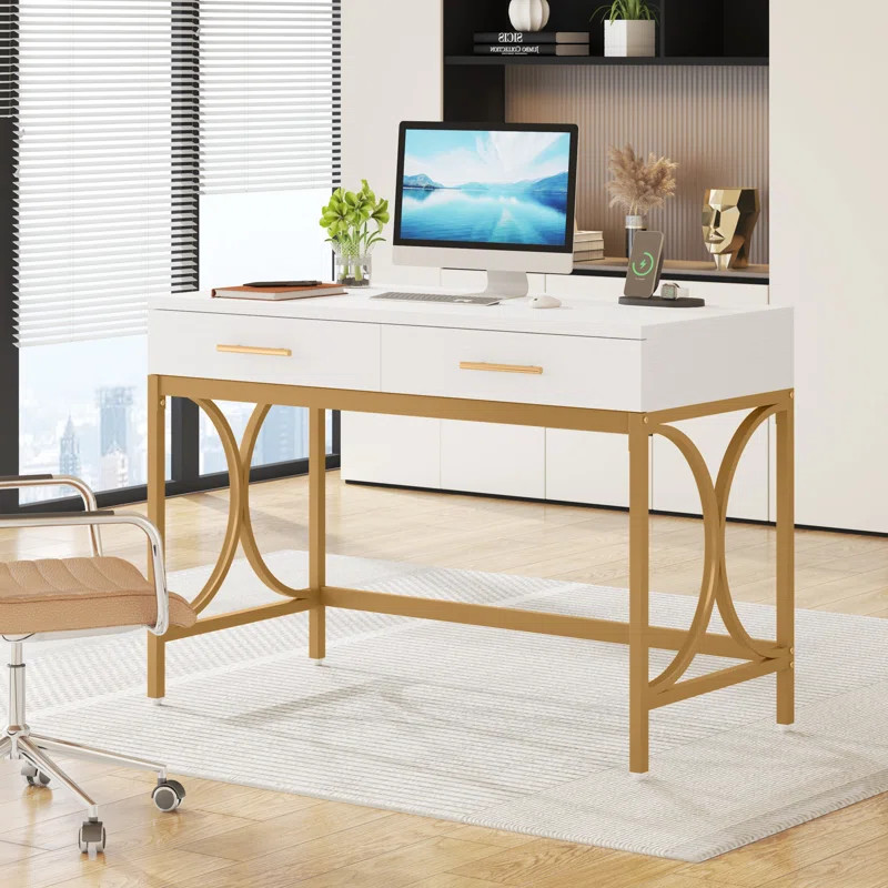 41 in Computer Desk With Two Drawers, White and Gold Modern Study Writing Desk | Wayfair North America