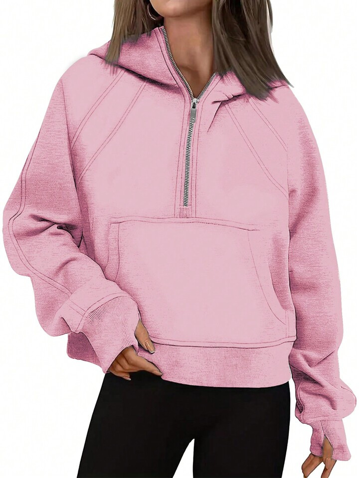 SHEIN Essnce Half Zip Kangaroo Pocket Raglan Sleeve Sweatshirt | SHEIN