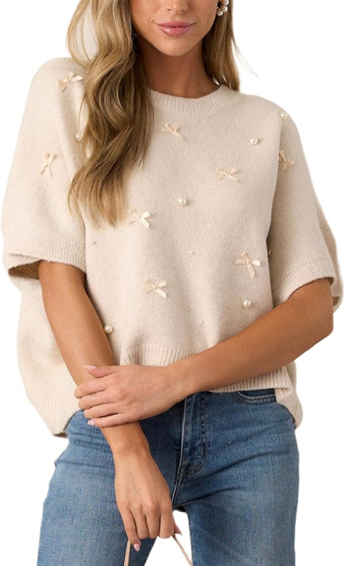 Kedera Womens Short Sleeve Bow Sweater Crewneck Cropped Pearl Top Bow Embellished Top Loose Pullo... | Amazon (US)