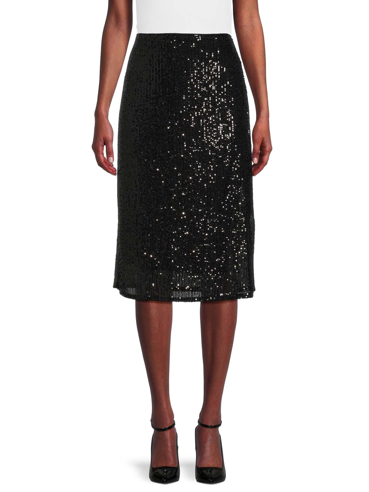 Time and Tru Women's Sequin Pull On Skirt with Side Slit, Sizes XS-XXXL | Walmart (US)