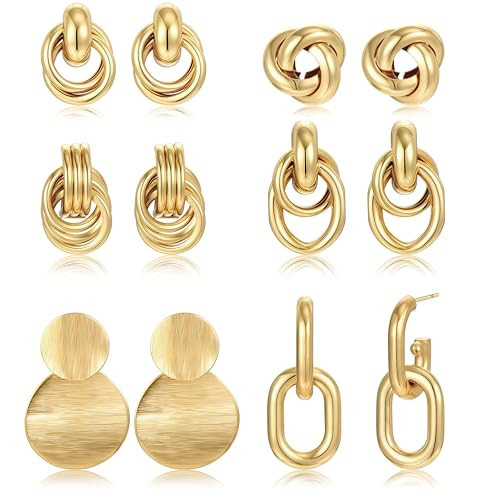6 Pairs Trendy Gold Plated Knot Earrings for Women Chunky Statement Drop Dangle Teardrop Earrings Lightweight Hypoallergenic Fashion Accessories Gold Jewelry Set Gifts for Women | Amazon (US)