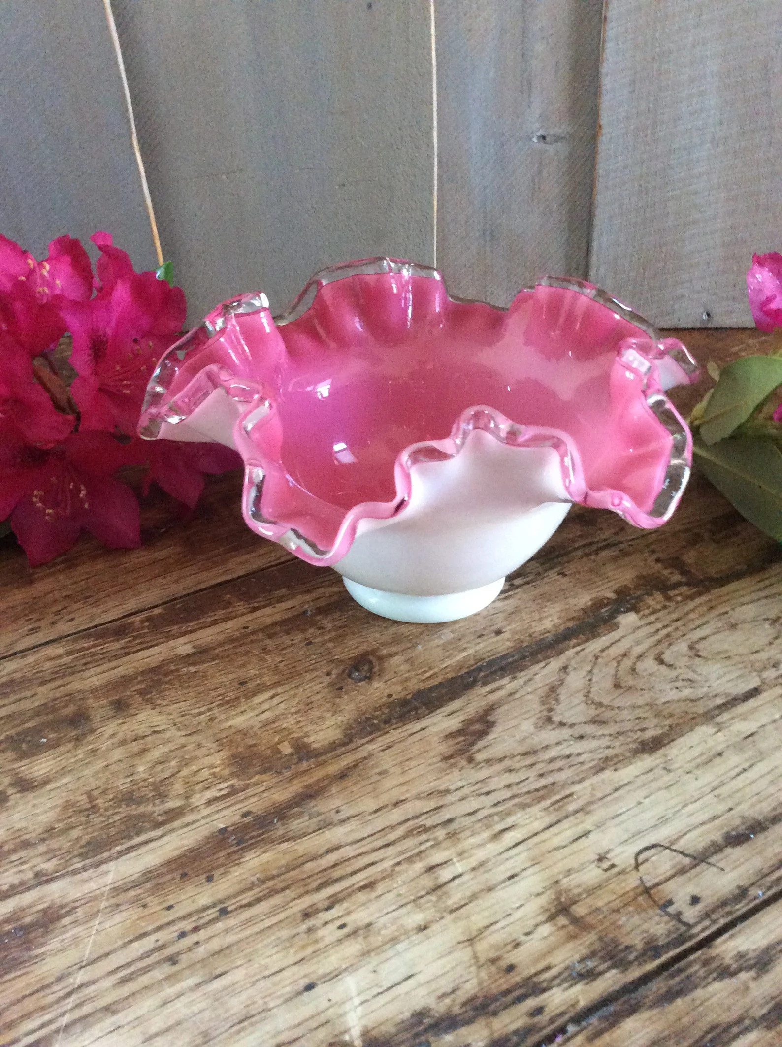 Vintage Fenton Art Glass Silver Crest Pink Overlay Floral Bowl/ Ruffled Candy Dish/ Retro Nut Dis... | Etsy (US)