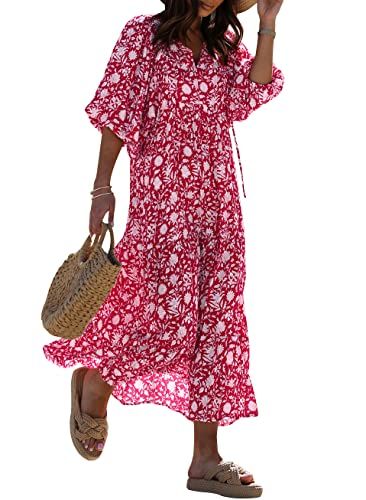 Amazon.com: miduo Womens Maxi Dress Spring Fashion Casual V Neck Short Half Sleeve Flower Pattern... | Amazon (US)