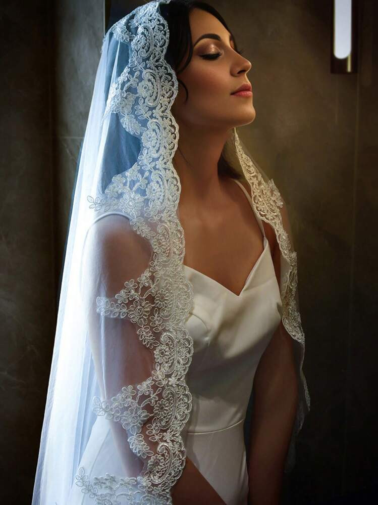 Cathedral Wedding Bridal Veil, 1 Layer, 3m Long Soft Tulle With Lace & Floral Trim, Vintage Wedding Accessory Without Comb For Bridal Veil Valentine's Day Valentines Fall Clothes For Women | SHEIN