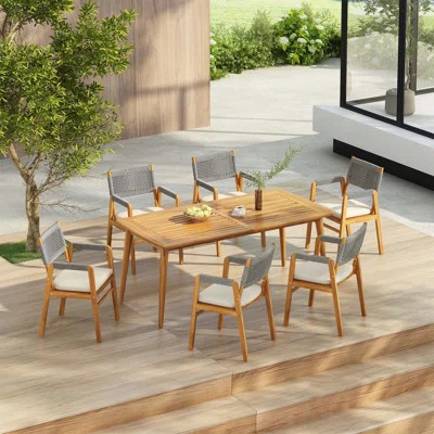 Outdoor Acacia Wood 7-Piece Dining Set with Rope-Woven Armchairs, Teak and Rope, Perfect for Elegant Outdoor Entertaining | Wayfair North America