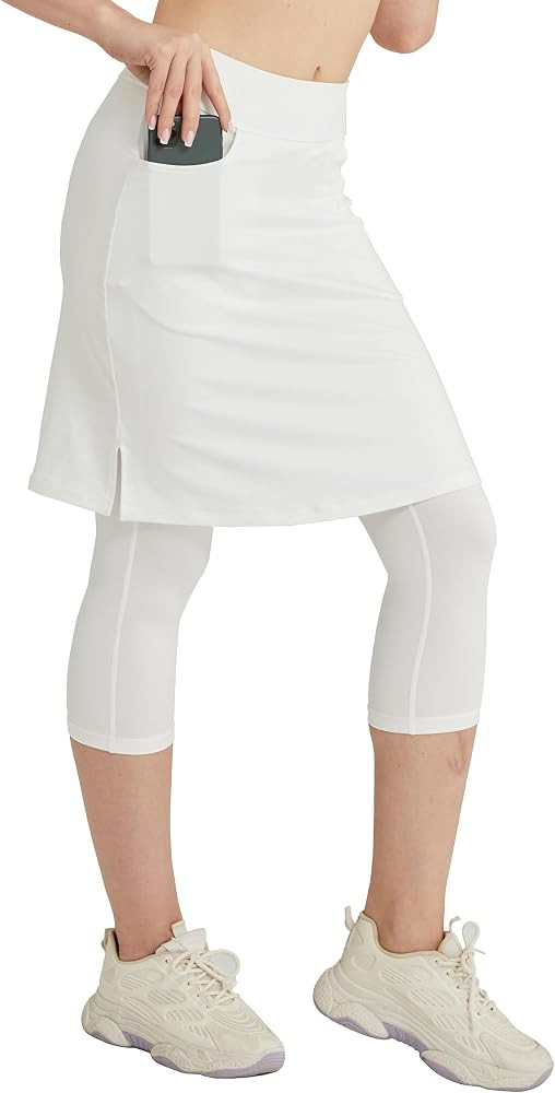 Modest Skirt with Leggings Attached for Women Workout Knee Length Swim Capri Pants with 2 Pockets | Amazon (US)