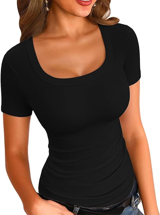 VICHYIE Womens Summer Short Sleeve Tops Square Neck Ribbed Slim Fitted Shirts Casual Tee Tshirt | Amazon (US)