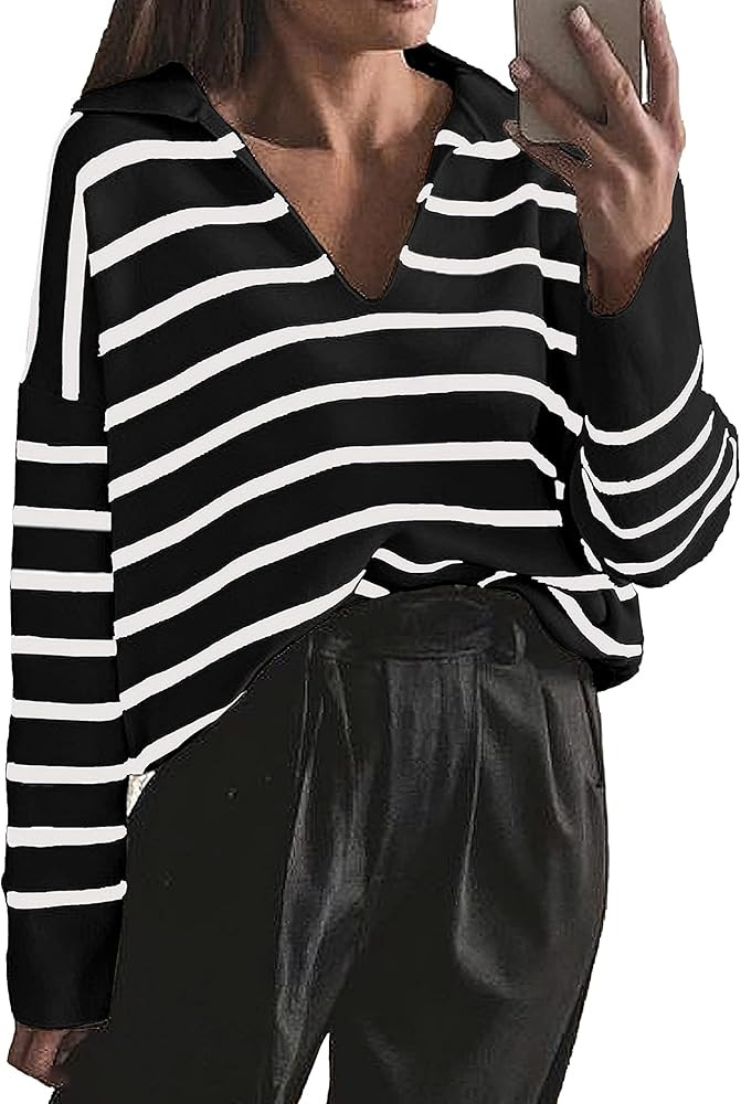 CFLONGE Women's Casual Striped Long Sleeve Polo V Neck Pullover Sweater Loose Fit Drop Shoulder K... | Amazon (US)
