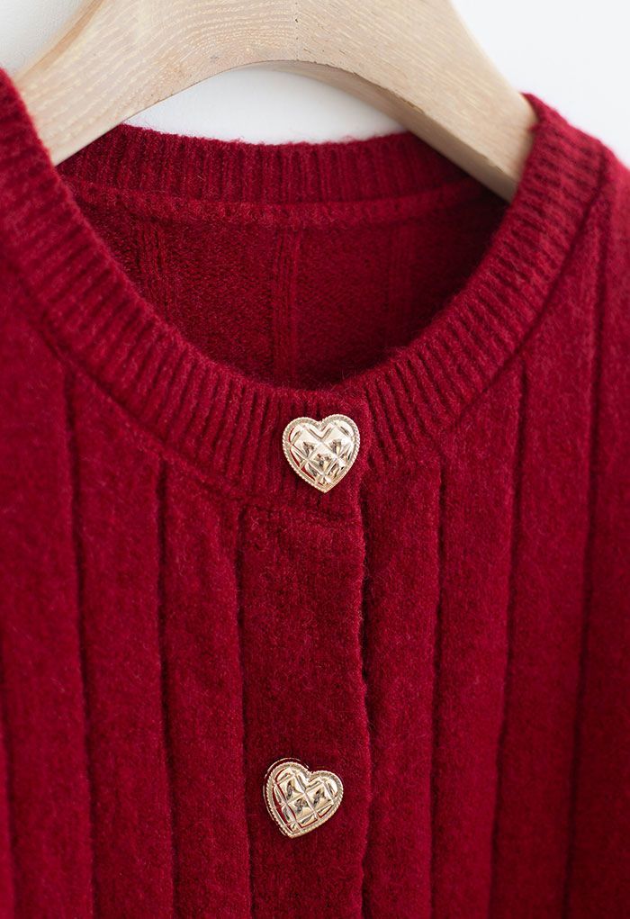 Golden Heart Button Crop Fitted Cardigan in Burgundy | Chicwish